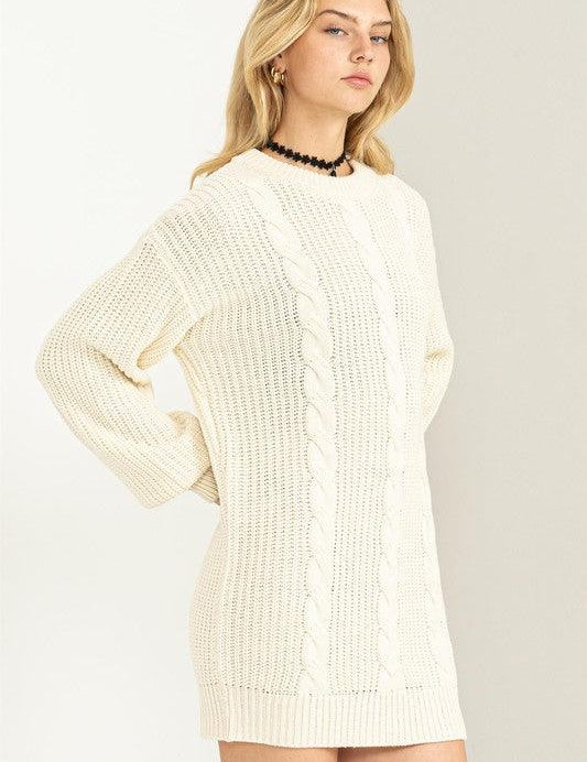 Cable-Knit Ribbed Mini Sweater Dress - Sunday Golden