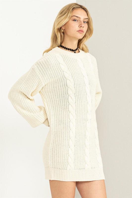 Cable-Knit Ribbed Mini Sweater Dress - Sunday Golden