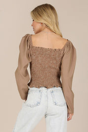 Forever Femme Floral  Smocked Neck Top. Brown Checks Color. 