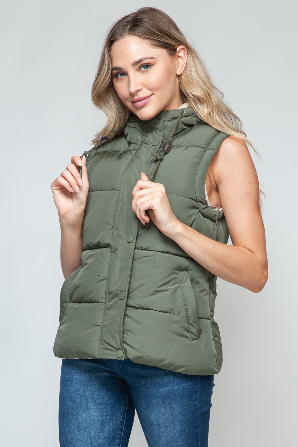 Snap and Zip Closure Hooded Vest | Olive