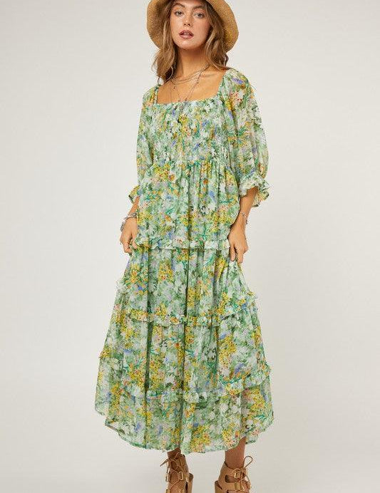 Floral Chiffon Midi Dress - Sunday Golden