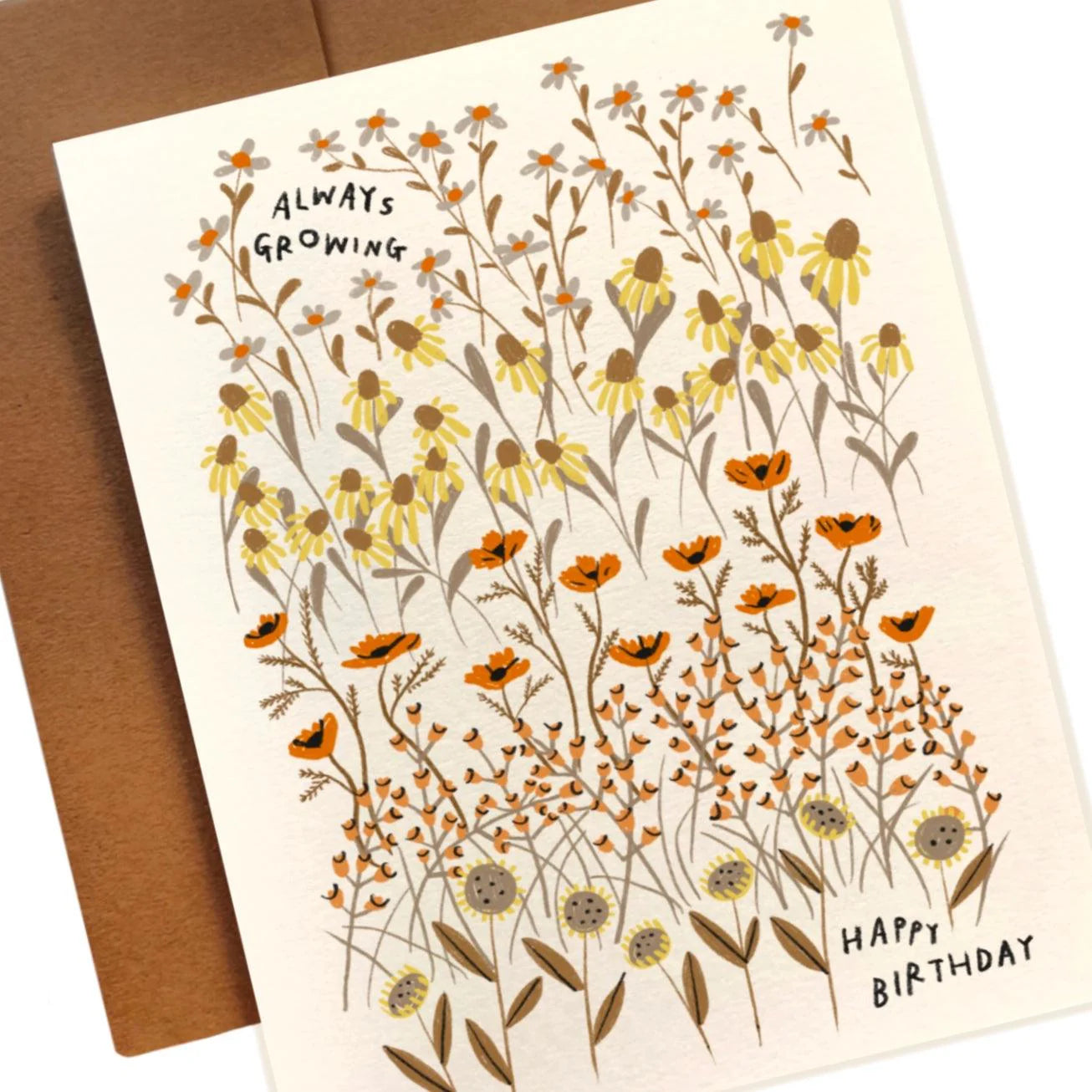 Always Growing Birthday Card. A hand-drawn illustration of a field of flowers By Rani Ban with handwriting that reads: ALWAYS GROWING. HAPPY BIRTHDAY.