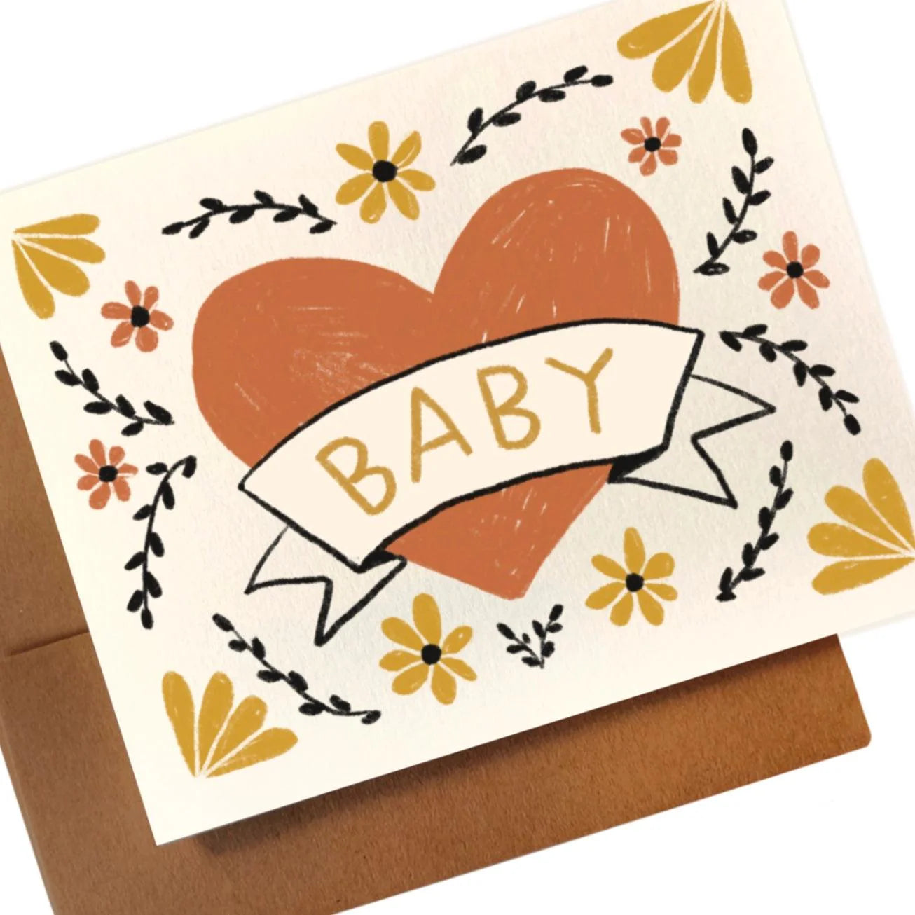 Classic Heart New Baby Card. Newborn Baby card. blank card. hand drawn design. 