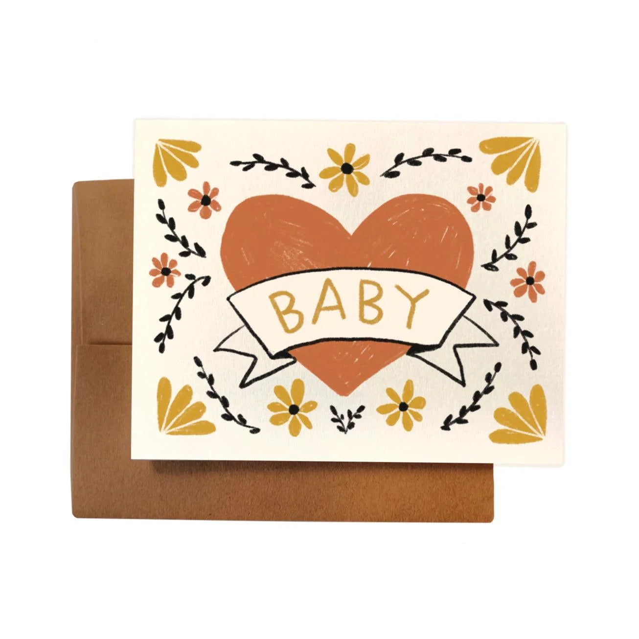 Classic Heart New Baby Card. Newborn Baby card. blank card. hand drawn design. 