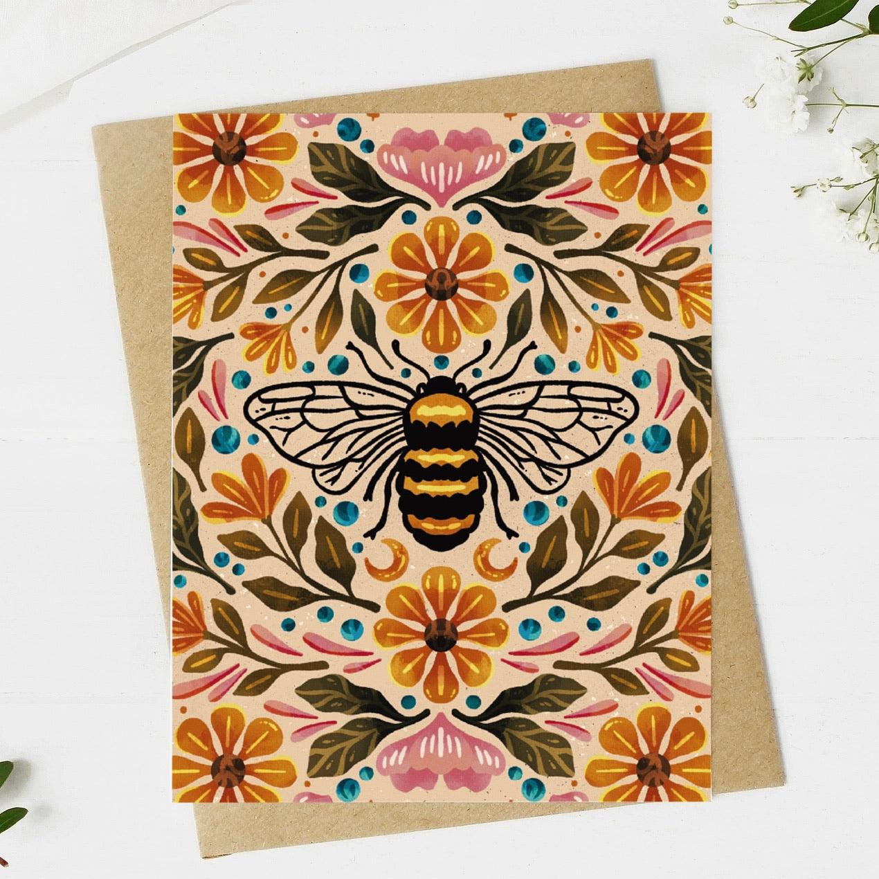 Bee & Floral design. Hand drawn Greeting Card. Flat lay in table. 