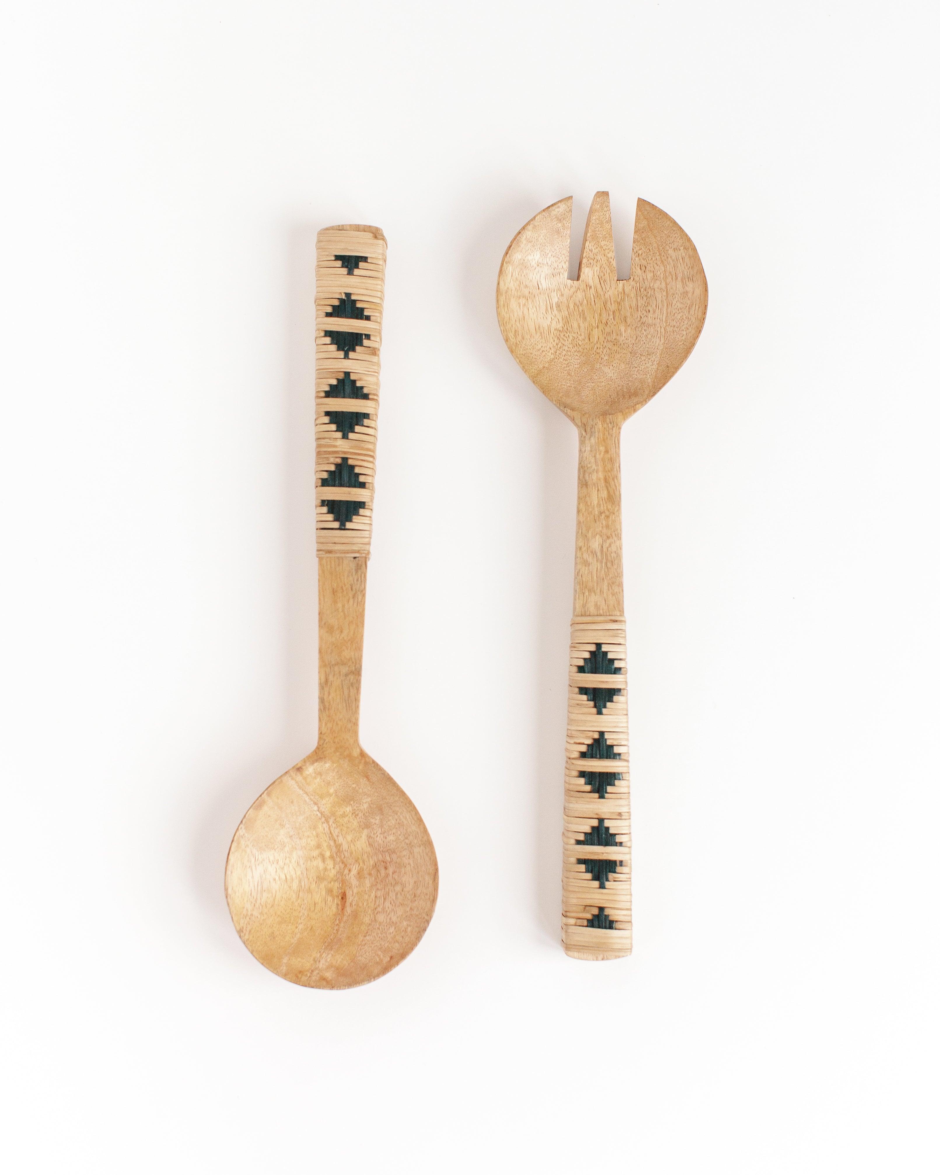 Geo Woven Mango Wood Salad Servers - Sunday Golden