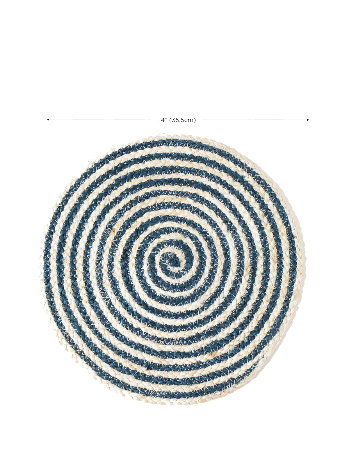 Round shape placemat.  Made with 100% natural Jute. Blue and Natural Colors. 