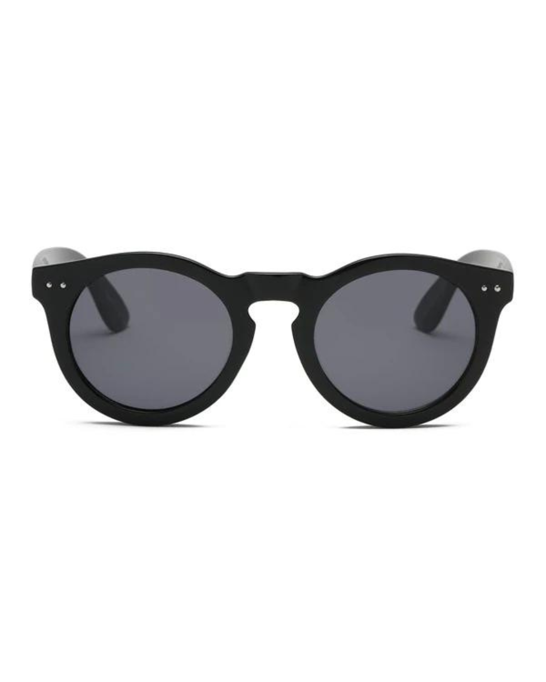 Miranda Classic Round Sunglasses. black plastic frames. 