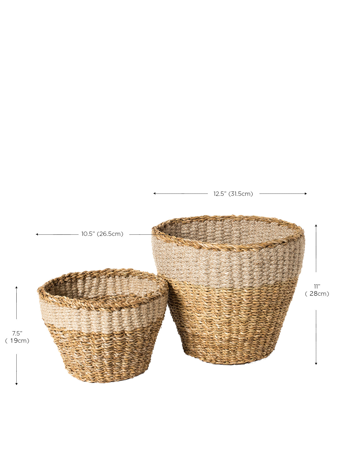 Seagrass Jute Planter basket. Size: Approximately - (L) 11” tall x 12.5” round - (S) 7.5” tall x 10.5” 