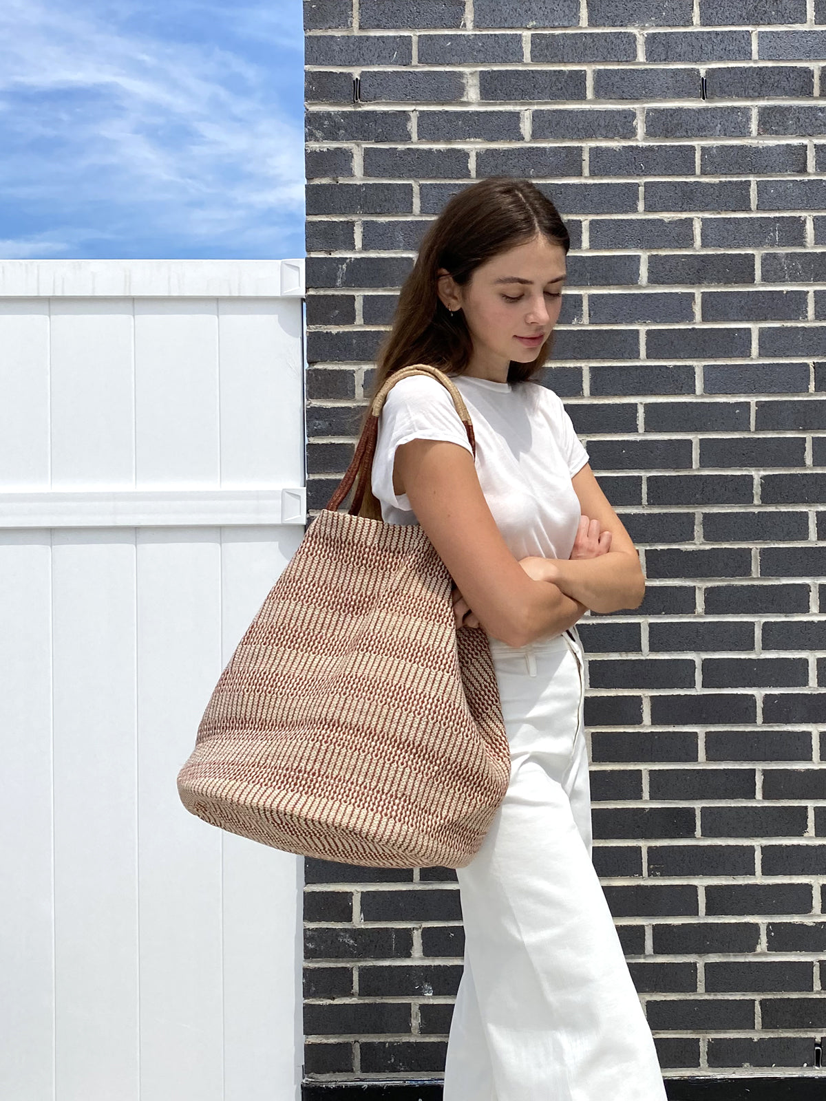 Approximately 15.5”tall x 13.5”round(bottom). Colors Brown, Off-White.  100% Handwoven Jute-Cotton Fabric.  sustainably handmade reusable market tote. 