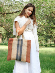 Approximately 16”tall x 16"wide / Handle drop 7". 100% Handwoven Jute Fabric. Color Natural, Brown and Multicolor. Handmade. Sustainable. Jute Tote bag.