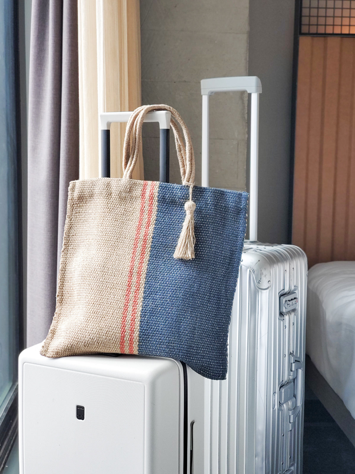 Approximately 16”tall x 16"wide / Handle drop 7". 100% Handwoven Jute Fabric. sustainably handmade. Reusable Market tote bag. Natural, Navy and Red.