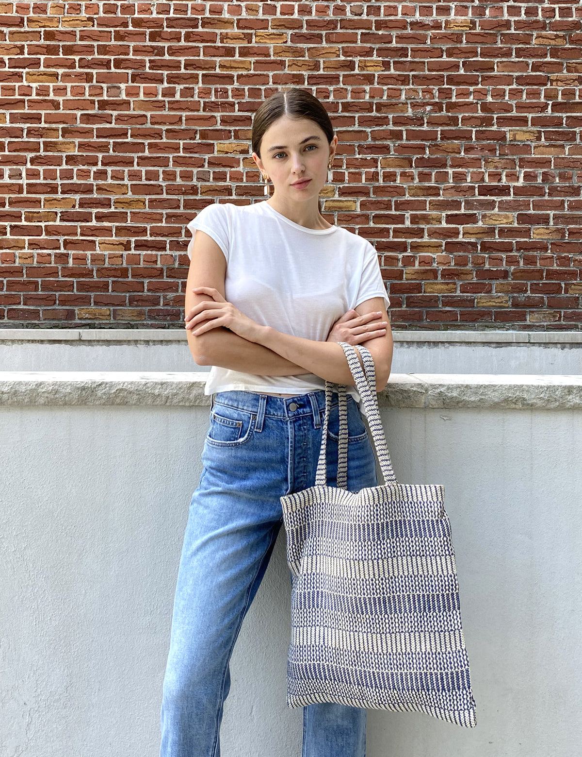  approximately 15.75”tall x 15.75"wide. 100% Handwoven Jute-Cotton Fabric. colors Blue, Off-White. sustainably handmade reusable market tote.