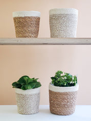 sturdy planter woven from soft jute yarn.  Natural, white. sustainably handmade. 2 sizes. 