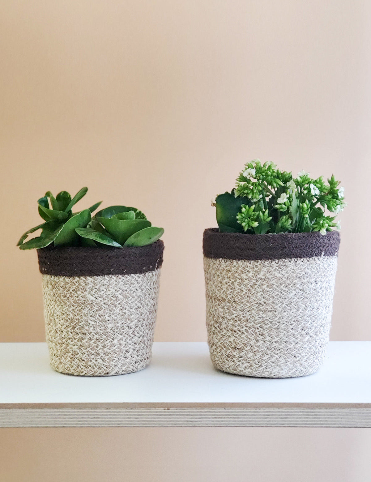 Natural, white, Brown. sturdy planter woven from soft jute yarn. 2 sizes; small and large. sustainably handmade.