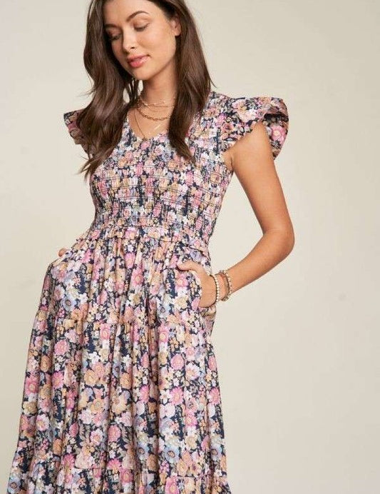 Vintage Garden Floral Flutter Smocking Midi Dress