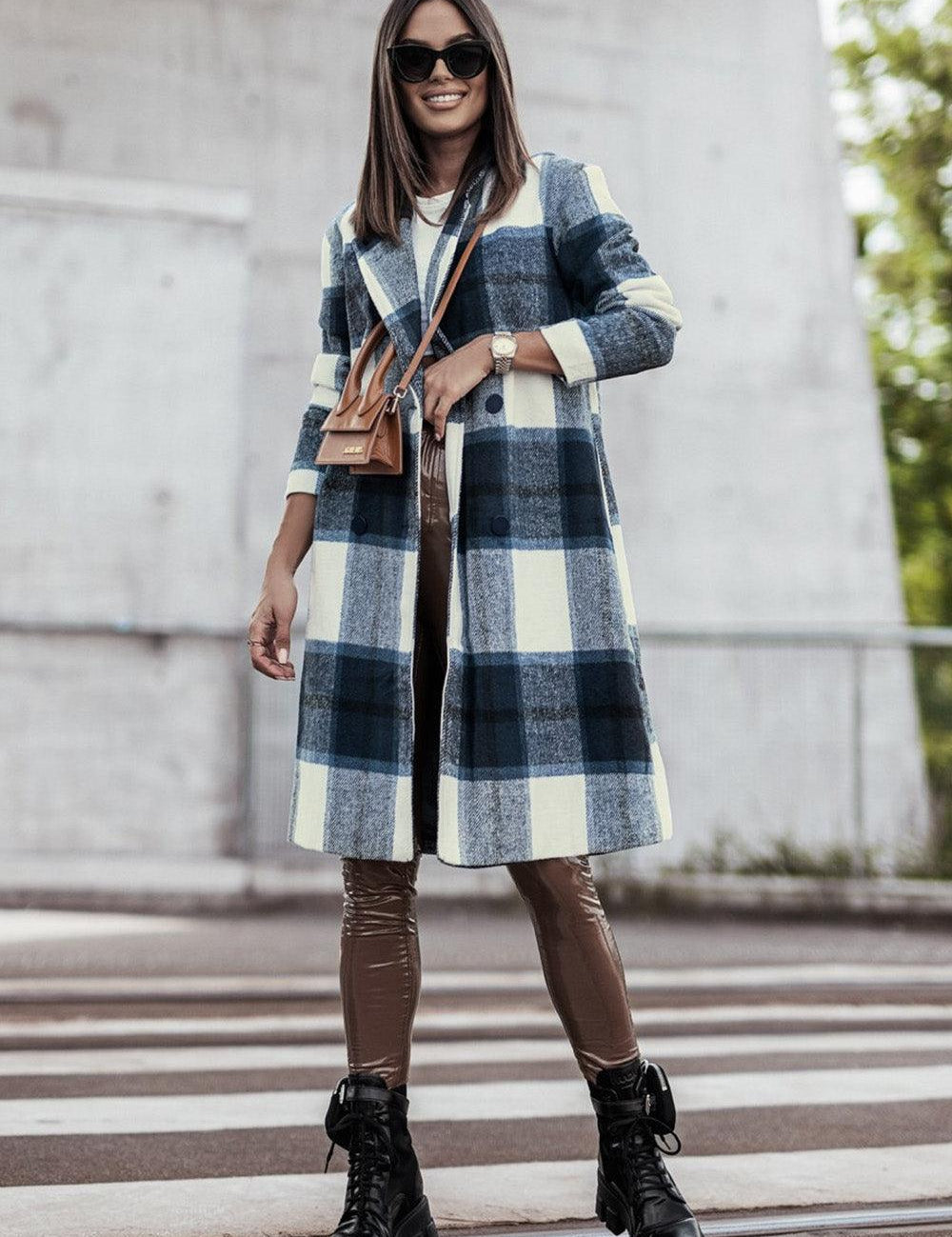 Plaid Button Up Lapel Collar Coat - Sunday Golden