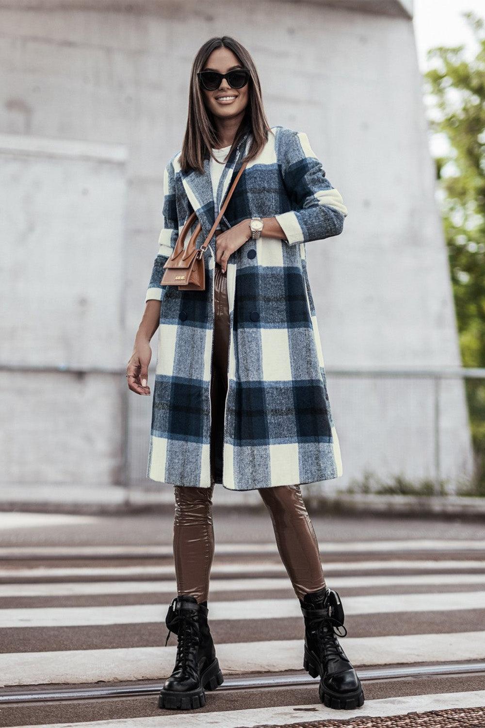 Plaid Button Up Lapel Collar Coat - Sunday Golden