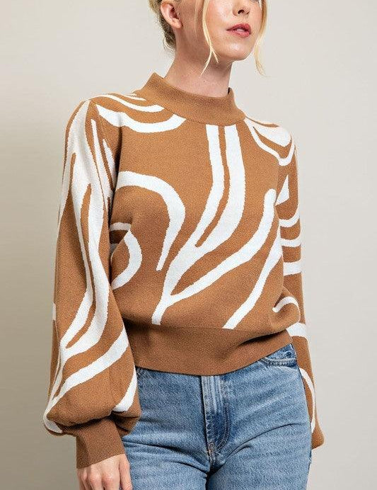 Ziggy Mock Neck Printed Sweater with a swirl print. Puffy balloon sleeves.