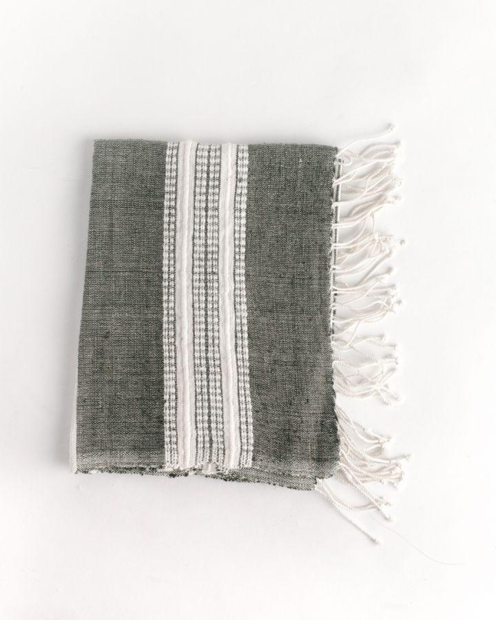 Aden Cotton Hand Towel. Measures 21 x 27 inches. Machine wash and dry.  hand-woven in Ethiopia. 6 color ways. grey with natural. 