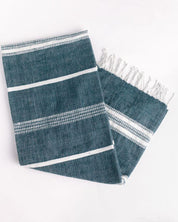 Bath Towel. Measures 38 x 72 inches. Machine wash and dry. ed as bath towels, lightweight shawls and accent throws. AZO-free dyes. hand-woven in Ethiopia. Navy with Natural. 