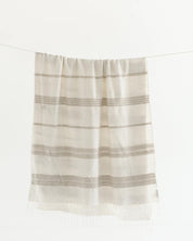 Ethically crafted in Ethiopia. Cotton throw blanket. Measures 38 x 72 inches. natural with stone. 