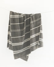 Ethically crafted in Ethiopia. Cotton throw blanket. Measures 38 x 72 inches.  grey with natural. 