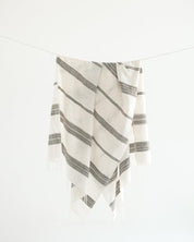 Ethically crafted in Ethiopia. Cotton throw blanket. Measures 38 x 72 inches.  Natural  with grey. 