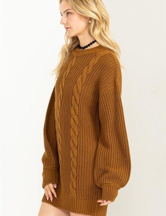 Cable-Knit Ribbed Mini Sweater Dress - Sunday Golden