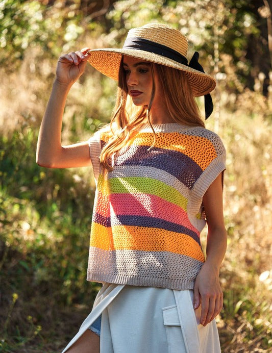 Crochet Multi Striped Pullover Knit Sweater Vest