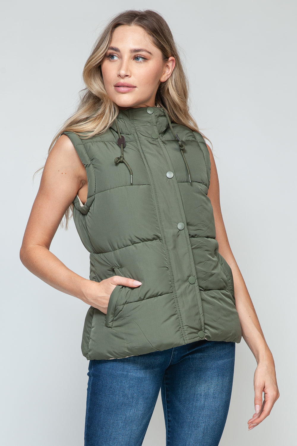 Snap and Zip Closure Hooded Vest | Olive