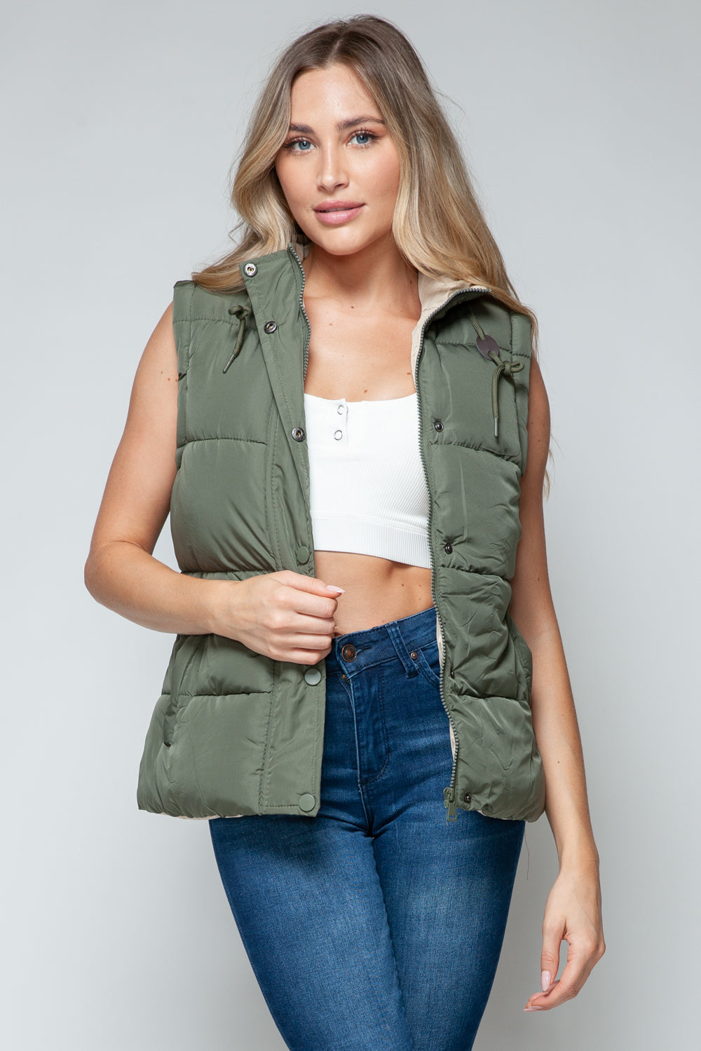 Snap and Zip Closure Hooded Vest | Olive