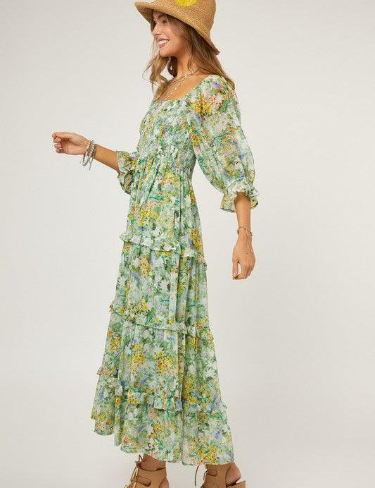 Floral Chiffon Midi Dress - Sunday Golden