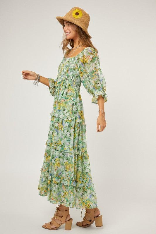 Floral Chiffon Midi Dress - Sunday Golden