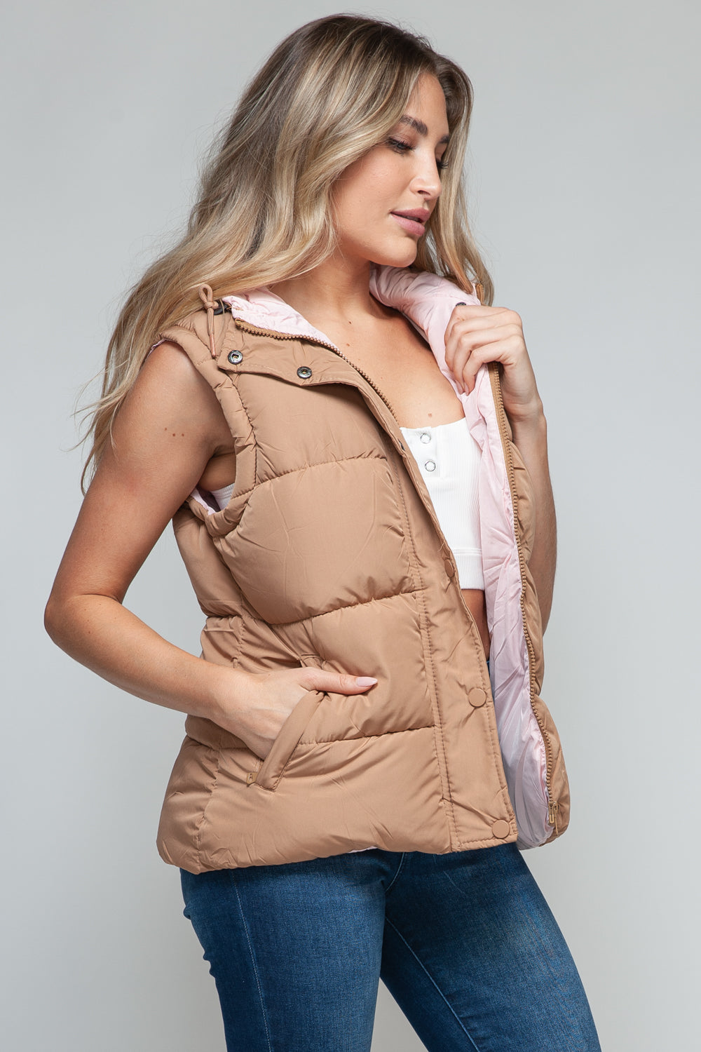 Snap and Zip Closure Hooded Vest | Camel