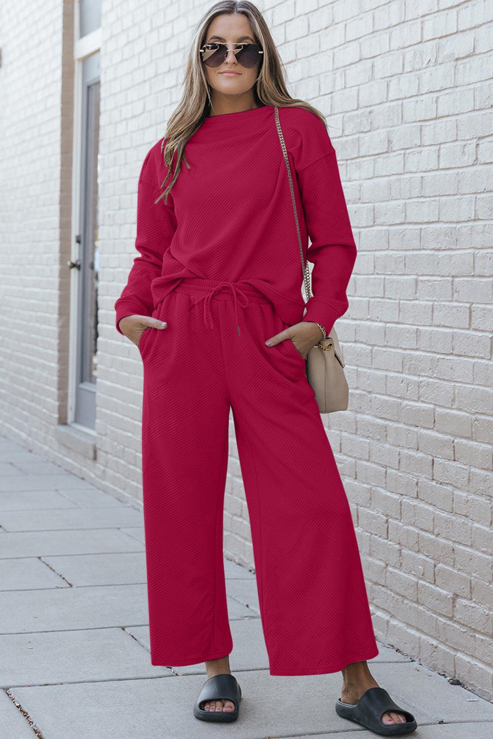 Textured Long Sleeve Top and Drawstring Pants Set - Sunday Golden