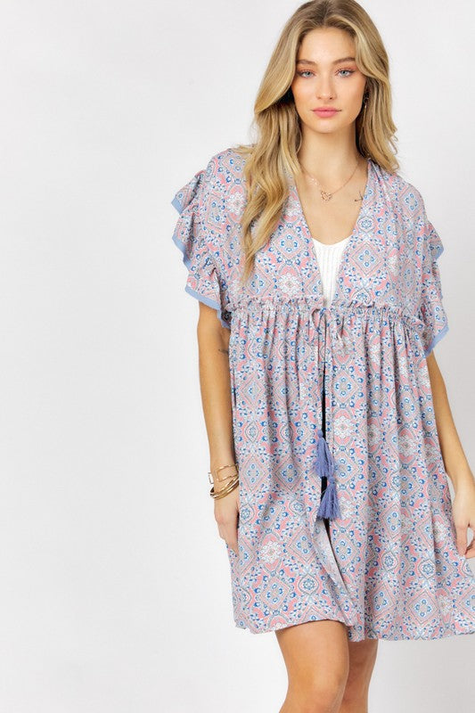 Printed Short Sleeve Ruffle Kimono