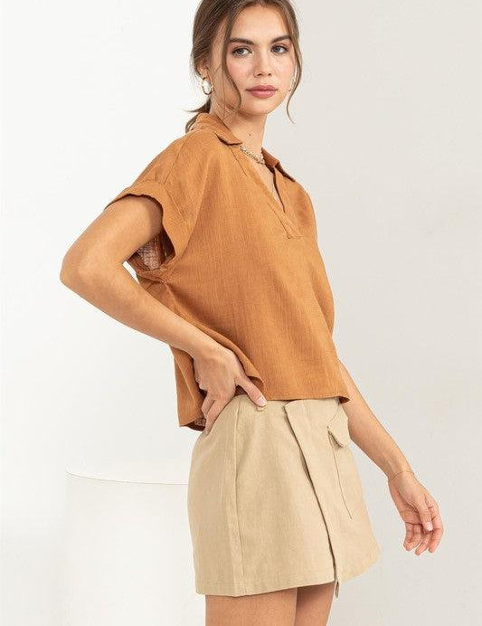 Always a Delight Short Sleeve Linen Top - Sunday Golden