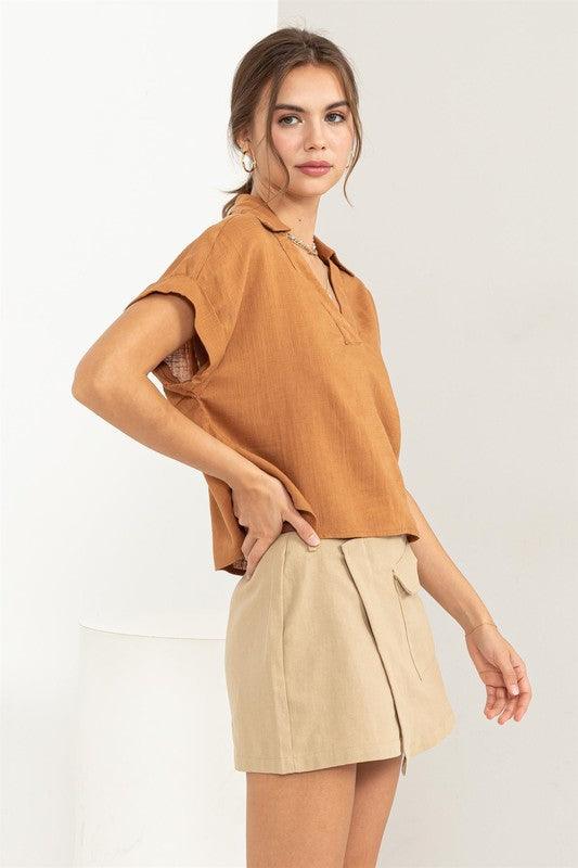 Always a Delight Short Sleeve Linen Top - Sunday Golden