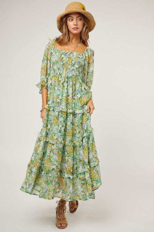 Floral Chiffon Midi Dress - Sunday Golden