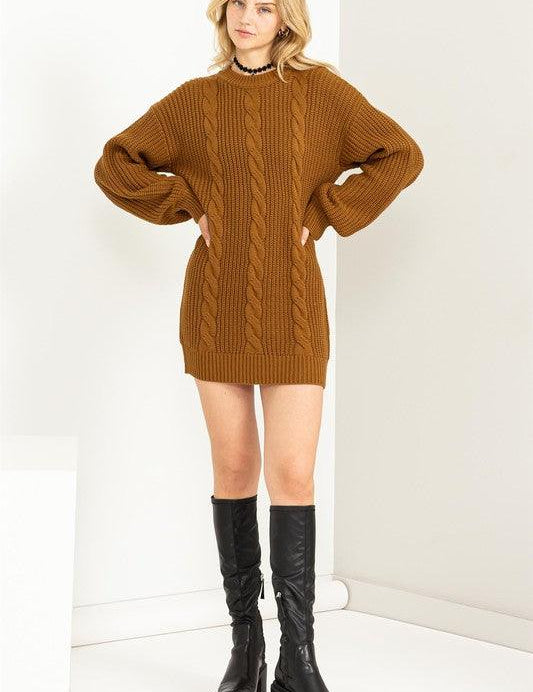 Cable-Knit Ribbed Mini Sweater Dress - Sunday Golden