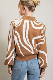 Ziggy Mock Neck Printed Sweater with a swirl print. Puffy balloon sleeves.