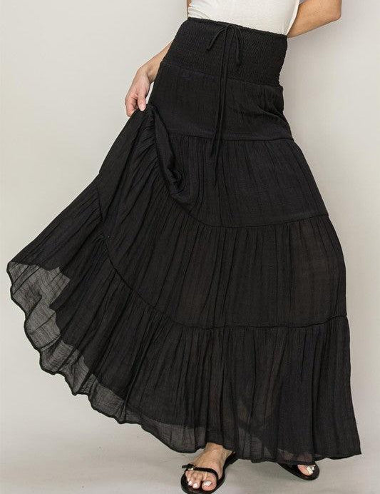 D-Drawstring Waist Tiered Maxi Skirt - Sunday Golden