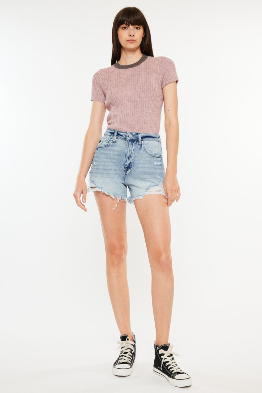 Distressed High Waist Denim Shorts with Pockets