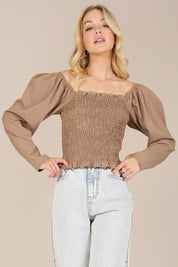 Forever Femme Floral  Smocked Neck Top. Brown Checks Color. 