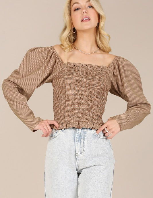 Forever Femme Floral  Smocked Neck Top. Brown Checks Color. 