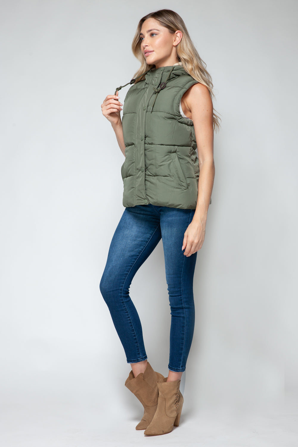 Snap and Zip Closure Hooded Vest | Olive