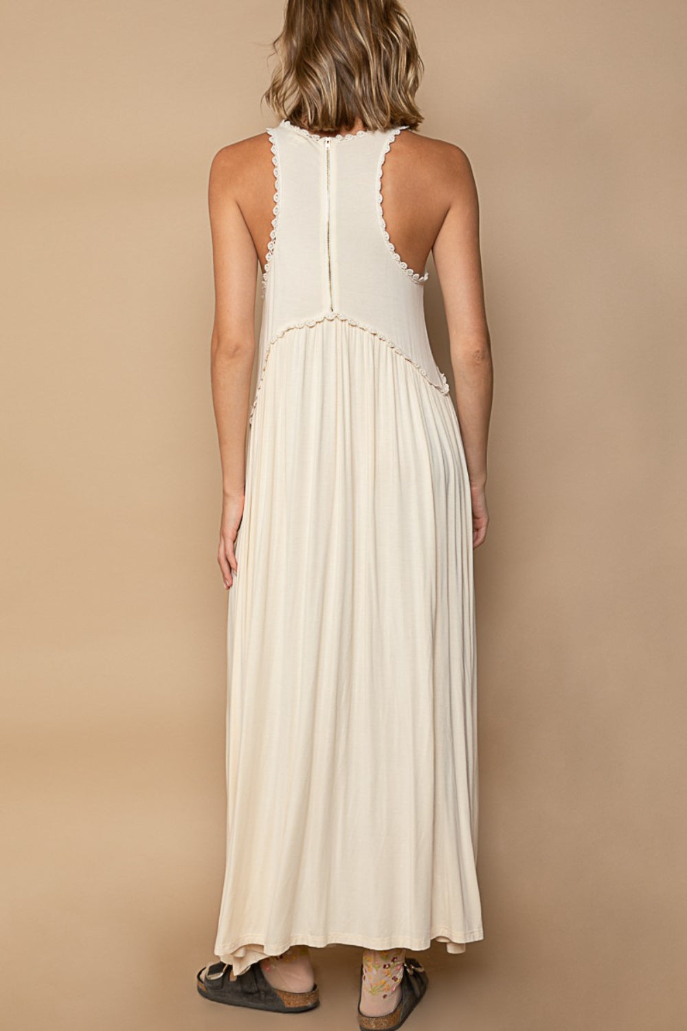 Sleeveless Back Zipper Front Slit Maxi Dress | Cream