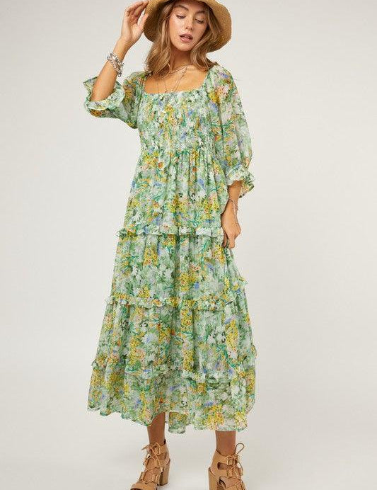 Floral Chiffon Midi Dress - Sunday Golden