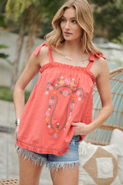 Embroidered Sleeveless Ruffle Tank Top